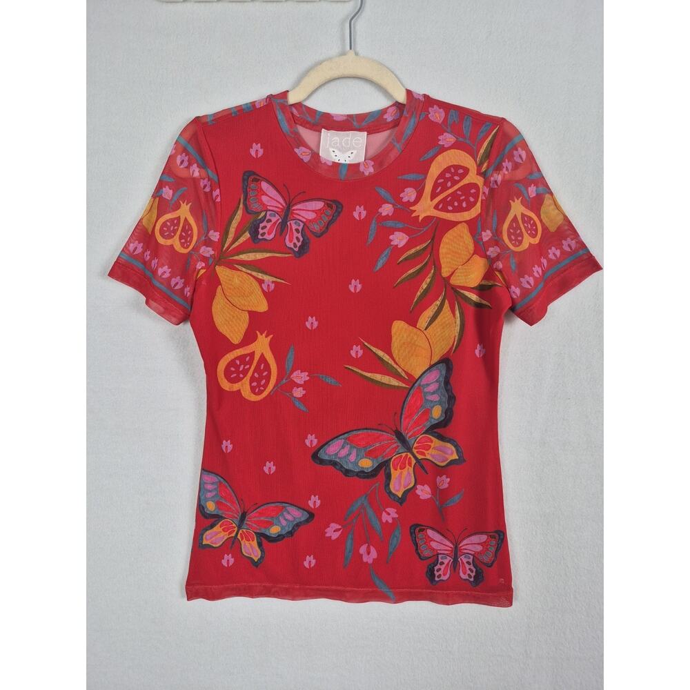 Johnny Was Jade Mesh Top Womens M Butterfly Floral Lined Front Sheer Back EUC